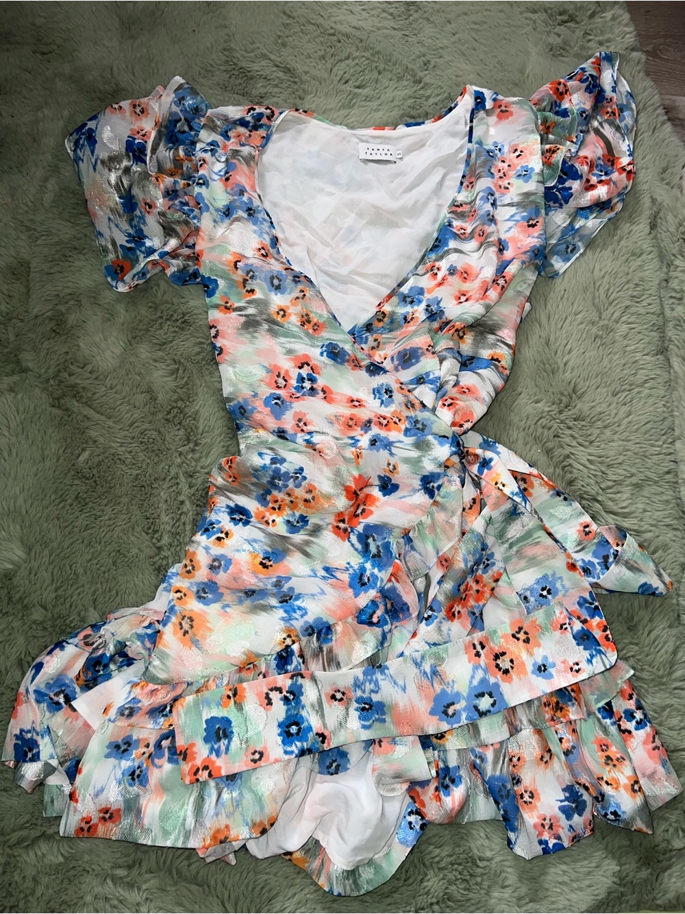 Tanya Taylor White Dress with Blue & Orange Accents. Can fit size 14-20